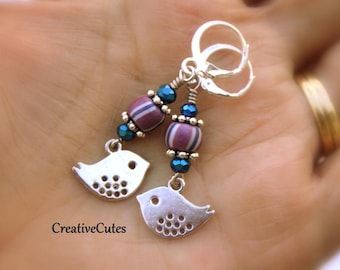 Silver Bird Earrings, Boho Birdy Dangles, Czech Glass Beads, Simple Sparrow Earrings, Bohemian Nature Jewelry, Bird Lover Gift