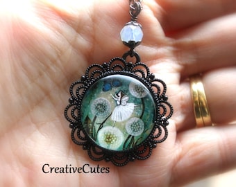 Fairy Dandelion Pendant, Opalite Bead Necklace, Fantasy Fairy Art, Fairy Lover Gift, Black Pendant Chain, Fairy Jewelry, Fairycore