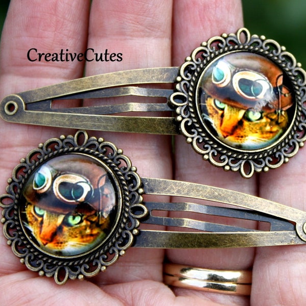 Steampunk Cat Hair Clips, Set of 2 Brass Snap Clips, Rustic Victorian Cat Hair Snaps, Colorful Cat Art under Glass, Goth Goggle Cat Art