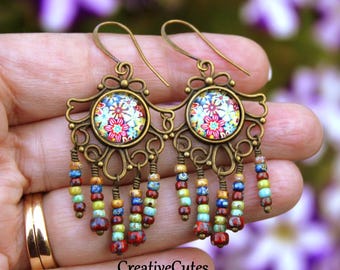 Dainty Boho Beaded Earrings, Colorful Czech Glass Bead, Retro Flower Art, Rustic Bronze Dangles, Bohemian Hippie Earrings, Cute Boho Jewelry