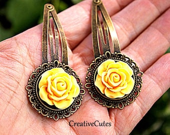 Yellow Rose Hair Clips, Set of 2 Brass Snap Clips, 3-D Acrylic Flowers, Hair Clips for Girls & Women, Boho Floral Hair Jewelry,