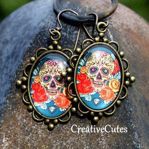 Colorful Skull Halloween Earrings, Sugar Skull, Calavera Skull Jewelry, Rustic Skull Art Glass Cabochon Earrings, Day of the Dead Dangles
