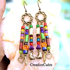 Rustic Boho Rainbow Beaded Earring Dangles, Multi Color Czech Glass Beads, Antiqued Brass Birds, Hearts & Arrows, Cute Bohemian Hippie Chic!