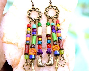 Rustic Boho Rainbow Beaded Earring Dangles, Multi Color Czech Glass Beads, Antiqued Brass Birds, Hearts & Arrows, Cute Bohemian Hippie Chic!