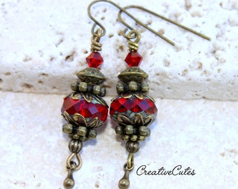 Rustic Red Victorian Earring Dangles, Crimson Red Czech Glass Beads & Crystals, Rustic Brass Beads, Tiny Pendulums, Classic Boho Hippie Chic