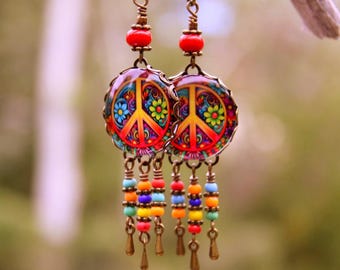 Colorful Peace Earrings, Bohemian Beaded Dangles, Rustic Boho Peace Sign Jewelry, Rainbow Hippie Art, Modern Chandelier Earrings