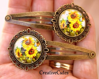 Rustic Sunflower Art Hair Clip Set, Set of 2 Brass Snap Clips, Colorful Sunflower Art under Glass, Boho Hair Clips for Women & Girls