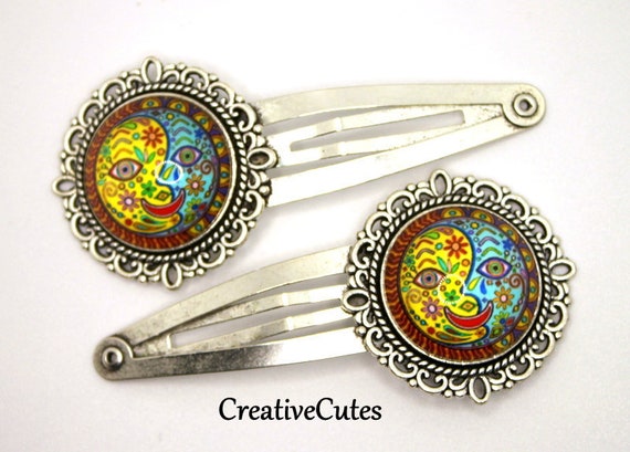Sun & Moon Colorful Hair Clips, Set of 2 Silver Snap Clips  display picture 3