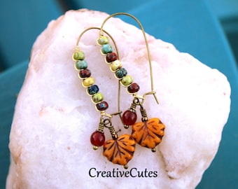 Rustic Beaded Leaf Earrings, Earthy Czech Beads, Long Wire Wrapped Maple Leaf Dangles, Bronze Boho Colorful Earrings, Bohemian Jewelry