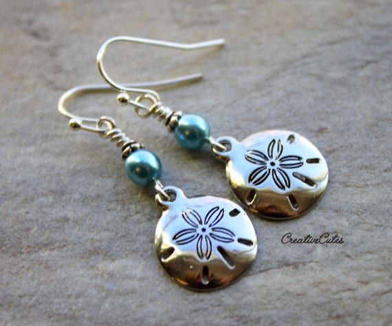 Cute Boho Sand Dollar Earrings Aqua Blue Glass Pearls Silver | Etsy