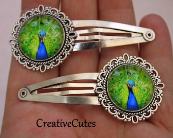 Colorful Boho Peacock Snap Hair Clips, Set of 2 Silver Filigree Peacock Clips, Colorful Green & Blue Glass Peacock Images under Glass