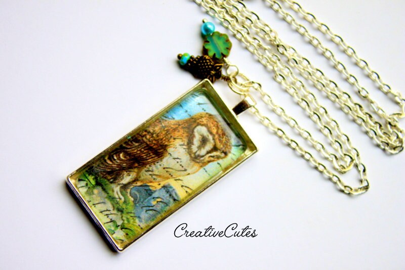 Boho Owl Art Pendant Necklace, Colorful Vintage Owl Image, Rustic Owl Charm & Blue Flower Bead, 