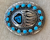 Navajo sterling silver and turquoise bear paw belt buckle
