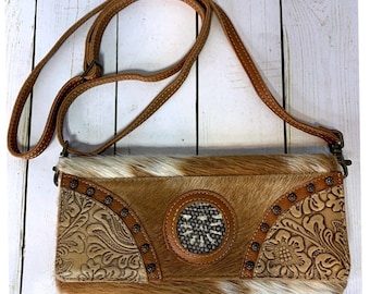 Myra Western Cowhide Hair-on-Hide Tooled Leather Crossbody Wallet Bag Tan White