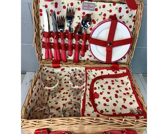 Cath Kidston Cottagecore Picnic Basket Cherry Print 4 Person with Blanket NEW