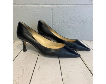 Jimmy Choo Black Leather Pointed Toe Kitten Heel Pumps Made in Italy Size 36.5