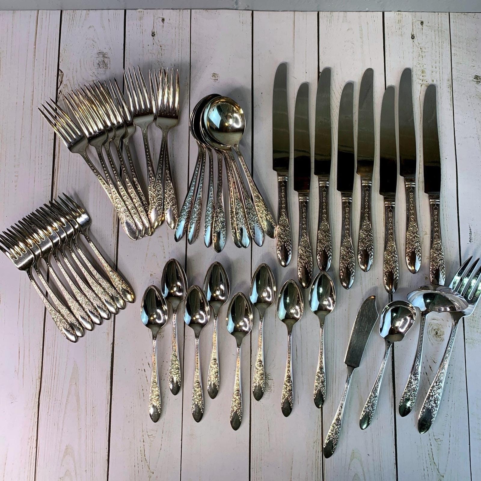 Vintage 1937 National Silver Co A1 Silverplate Flatware Set Rose Floral Pattern