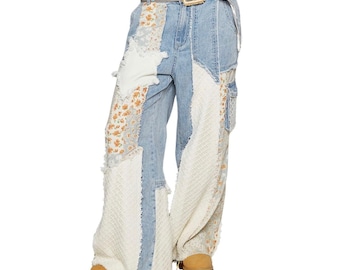 POL Bohemian Patchwork Denim Wide Leg Pants Blue Floral Lace Star Patch Women L