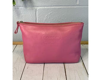 Coach Pink Leather Cosmetic Pouch Zippered Makeup Bag Debossed Logo Vintage