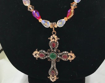 27\u201d Gold Cross Pendant Necklace With Glass Beads