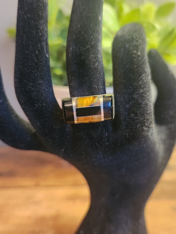 Tigers eye and onyx 925 silver ring - image 2