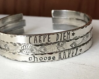Carpe Diem Bru Hand Stamped Cuff Thin Stacking Bracelet Personalized Custom Order Adjustable Handmade Carpe Diem Bru Hand Stamped Cuff Thin Stacking Bracelet Personalized Custom Order Adjustable Handmade
