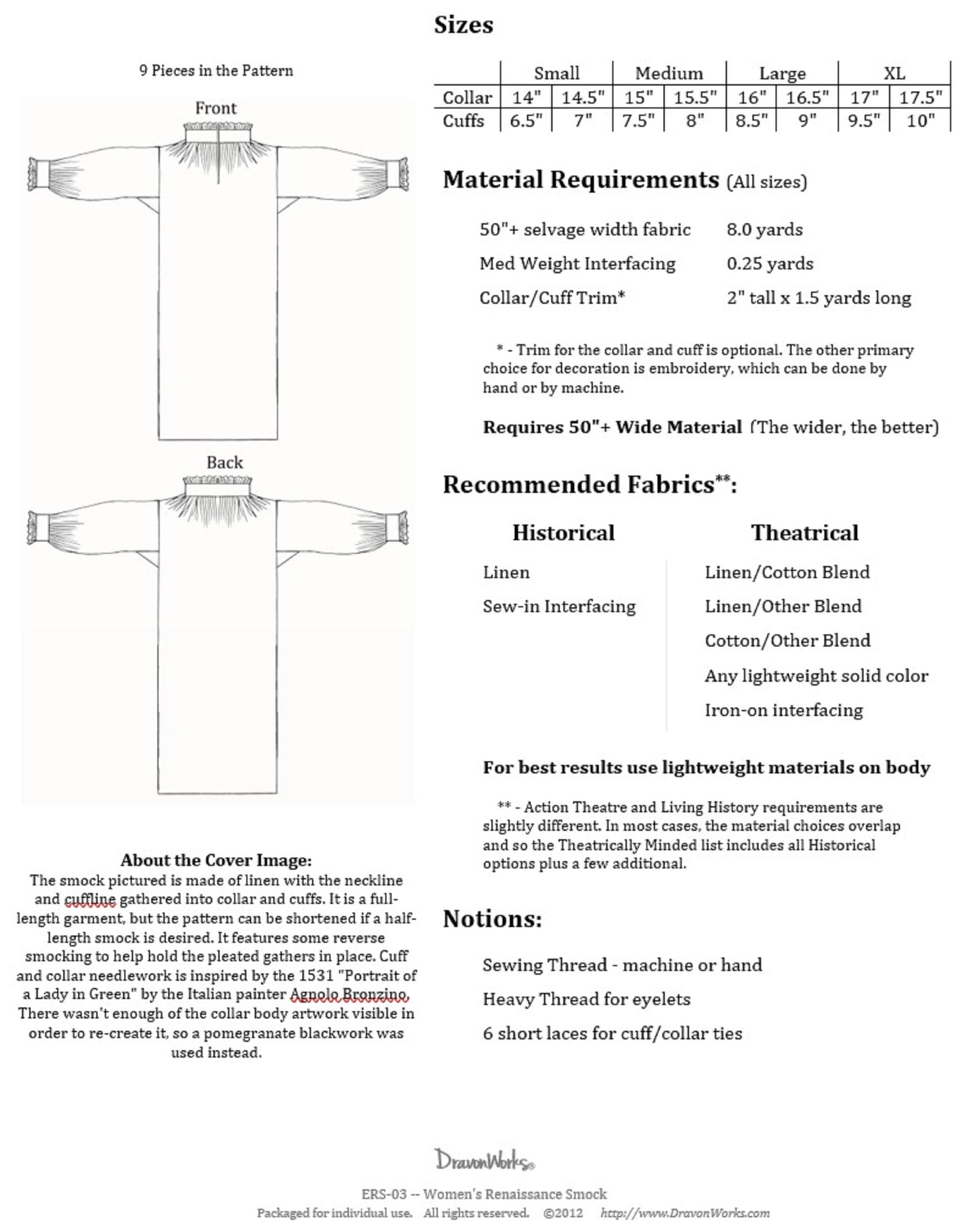 Printable Pattern for 16th Century Women's Renaissance Chemise or Smock ...