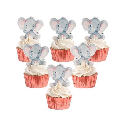 Baby Girl Elephant Cupcake Toppers Watercolor Floral Elephant Etsy