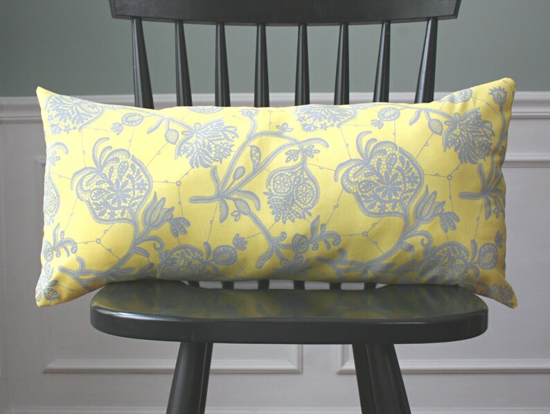 Decorative Pillow Case Botanical Print 12 x 22 Modern Decor Yellow Gray Pillow Cover Lumbar Pillow