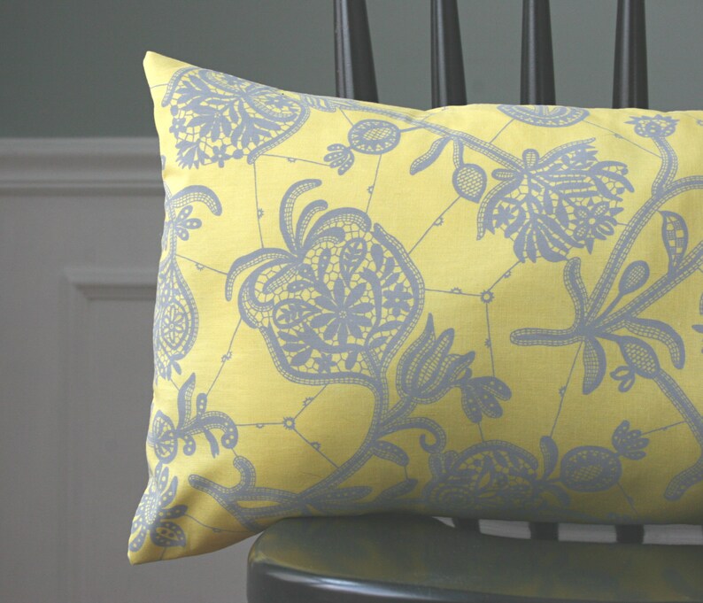 Decorative Pillow Case Botanical Print 12 x 22 Modern Decor Yellow Gray Pillow Cover Lumbar Pillow
