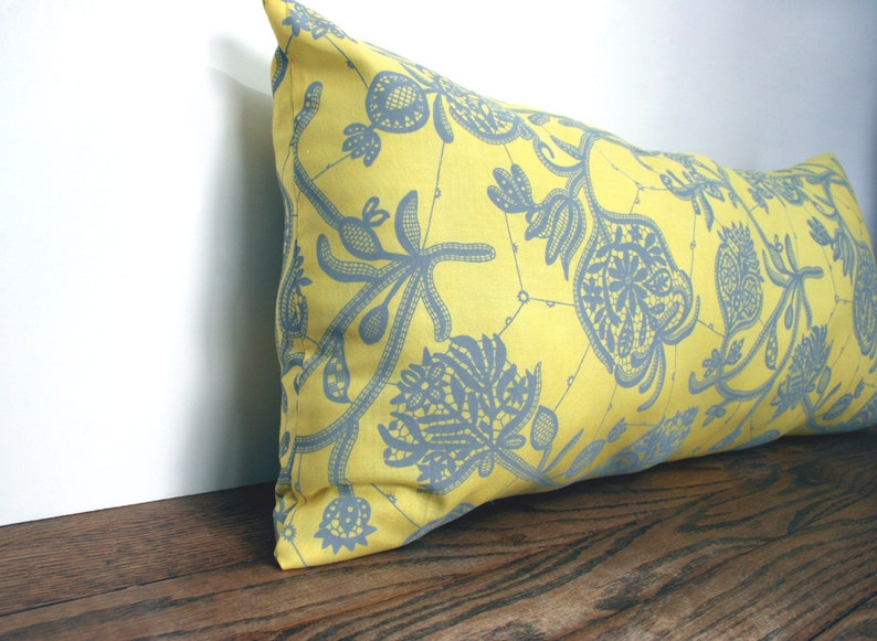 Decorative Pillow Case Botanical Print 12 x 22 Modern Decor Yellow Gray Pillow Cover Lumbar Pillow