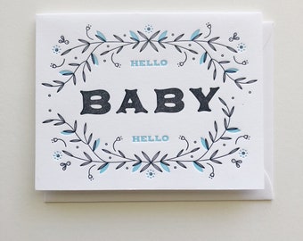 Hello Baby - Letterpress Single Card Pink & Blue