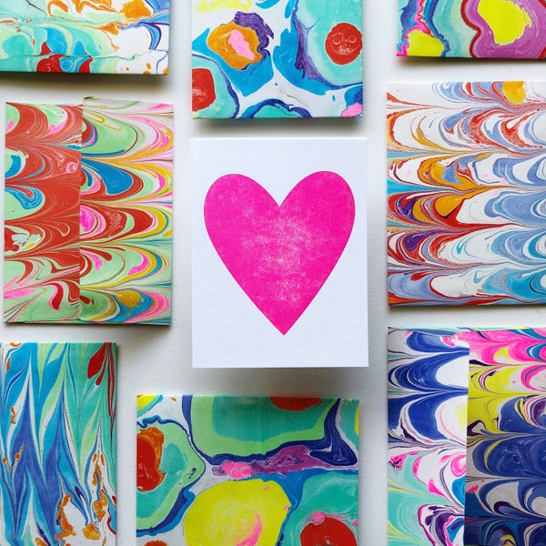 Handmade Marbleized Envelope & Neon Pink Letterpress Heart Card : Single Note