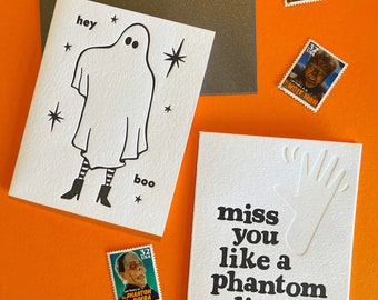 Hey Boo & Phantom Limb : Dual Ghost Letterpress Halloween Greeting Card 2 Pack + Vintage Postage