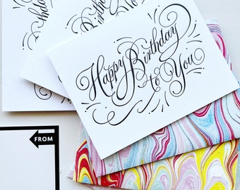 Happy Birthday Script and Handmade Marbleized Envelopes // Letterpress Stationery : Boxed Set of 6