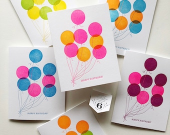 Rainbow Balloons Happy Birthday Letterpress Card : Boxed Set of Six