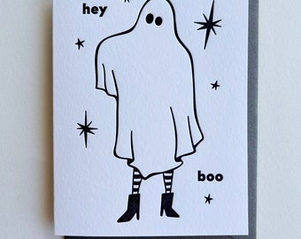 Hey Boo :  Single Ghost Letterpress Halloween Greeting Card