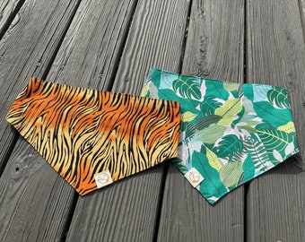 tiger print dog bandana animal print tropical jungle dog bandana summer fashion reversible tie on bandana for dog or cat BIG CAT design