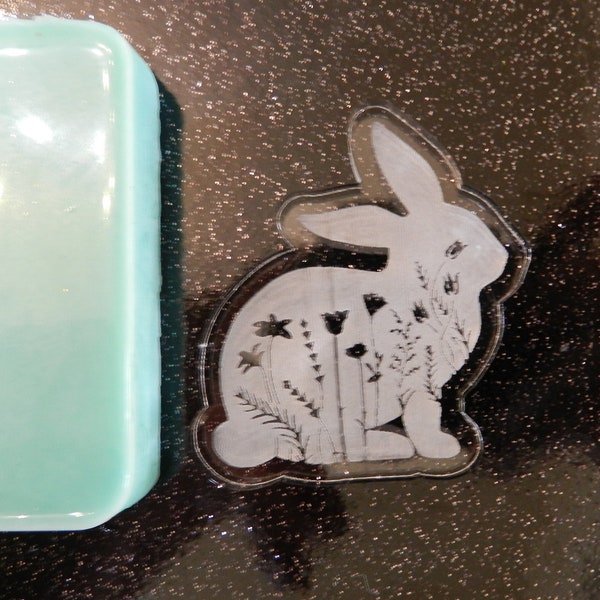 2" Etched Sitting Floral Easter Bunny Silicone Mold for Resin and Epoxy.  Sized for use on Badge Reels. 2" High. 1/4" deep.