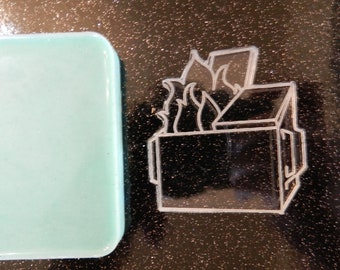 2" Etched Dumpster Fire Silicone Mold for Resin and Epoxy.  Sized for use on Badge Reels. 2" High. 1/4" deep.