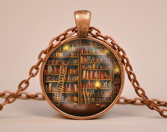Vintage Library Books Pendant Necklace or Keyring Glass Art Print Jewelry Gifts for Her or Him Book Lover Teacher Librarian Writer Read