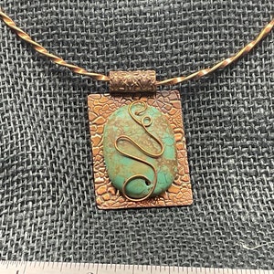 Copper and turquoise pendant neck ring with wire wrap accent