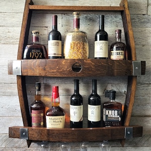 Whiskey Barrel liquor cabinet, Reclaimed wood, bar shelves/whiskey barrel bourbon glasses/wall display cabinet/bourbon barrel cabinet