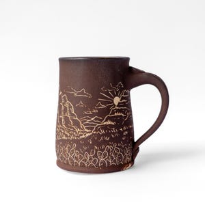 Sedona Landscape Ceramic Mug | Hand Carved Sgraffito Pottery, Earthy Camp Coffee Cup