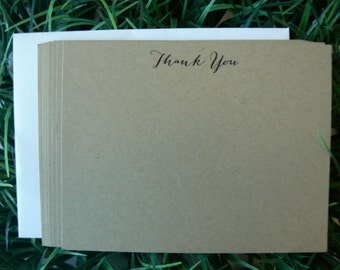 Calligraphy Thank You Flat Note Cards 20 notecards with envelopes Bombshell font Kraft Masculine Neutral Simple