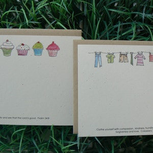 Tarjetas de notas de las Escrituras Tarjetas planas Surtido Papelería cristiana Cupcakes Lavandería Salmo 34.8 Colosenses 3.12