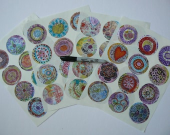 48 Circle Stickers Mixed Media Art Tags Collage Art Journal 2.5" x 2.5" Round Labels
