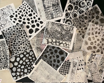 Black and White Gelli Prints Mixed Media Collage Paper Kits Decorated Papers Hand Painted Papers
