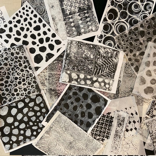 Black and White Gelli Prints Mixed Media Collage Paper Kits Decorated Papers Hand Painted Papers