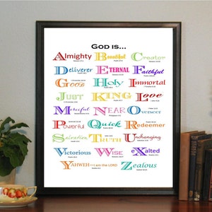 Può includere: Un poster alfabetico colorato con la parola "GOD IS..." in alto. Ogni lettera è di un colore diverso e rappresenta un attributo diverso di Dio, con un versetto biblico corrispondente elencato sotto ogni lettera.